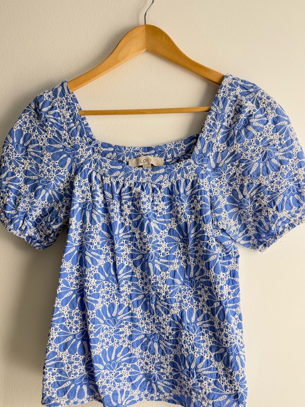 LOFT Blue and White Lace-Overlay Puff Sleeve Blouse